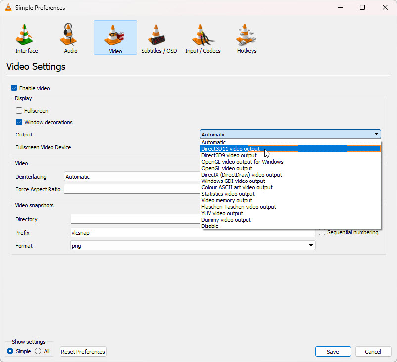 VLC hardware accelerated decoding dropdown under Input and Codecs