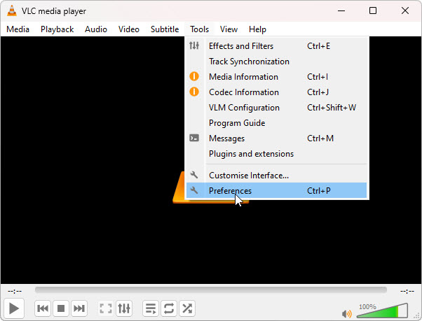 VLC Tools menu with Preferences highlighted