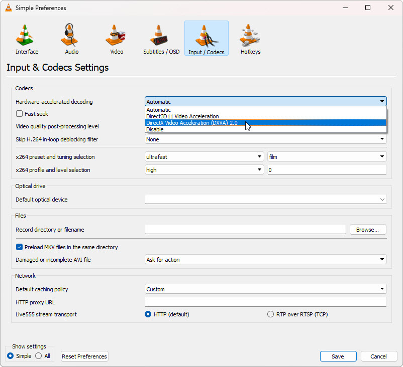VLC video output settings for Direct3D11 OpenGL and DirectX